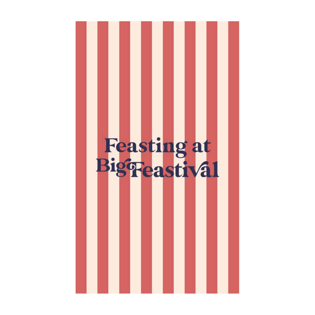 A pink and red vertical striped background with Big Feastival Picnic Blanket in bold dark blue text centered.