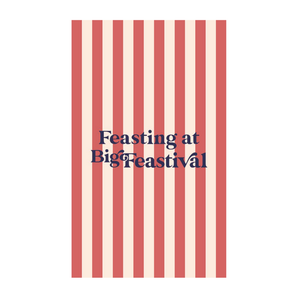 A pink and red vertical striped background with Big Feastival Picnic Blanket in bold dark blue text centered.