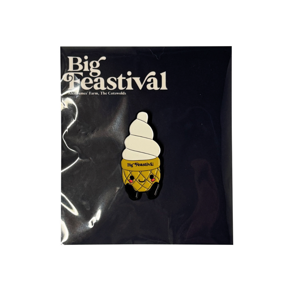 The Ice Cream Cone Pin Badge by 2025 features a white soft serve cone and Big Feastival text, displayed on dark packaging with Big Feastival at the top.