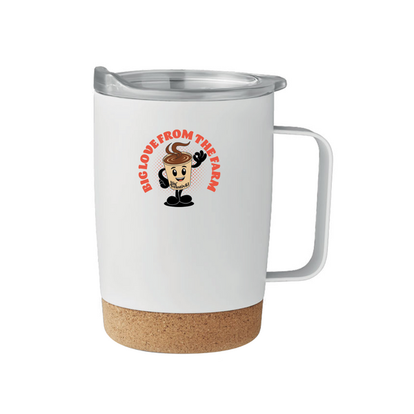 The 2025 Thermal Cup is a white travel mug with a cork base and clear lid, featuring a smiling coffee cup cartoon and the words BIG LOVE FROM THE FARM in red above it.