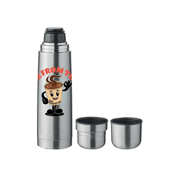 The 2025 Coffee Flask is a silver thermos featuring a cartoon coffee cup and Brew Fresh! text, displayed on a white background with its two detachable lids beside it.