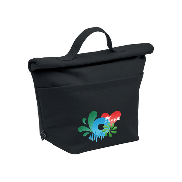 The 2025 Cooler Bag is a black fabric lunch bag with a handle, featuring an abstract blue, green, and red The Festival logo on the front pocket.