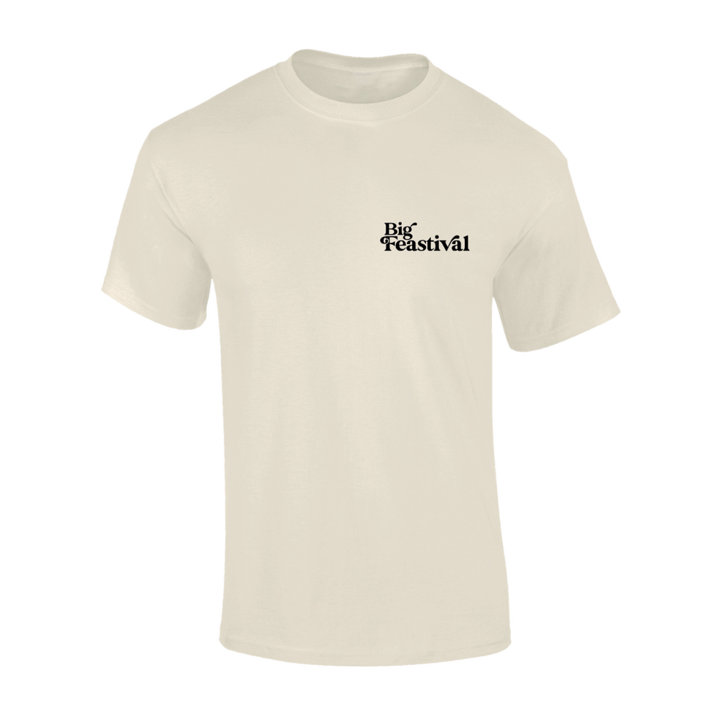 The 2024 Line-Up T-Shirt by Big Feastival is a plain off-white tee featuring Big Feastival in small black text on the left chest.