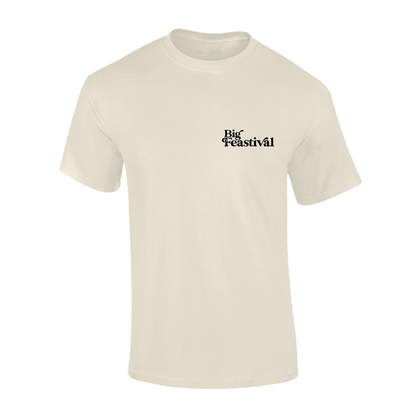 The 2024 Line-Up T-Shirt by Big Feastival is a plain off-white tee featuring Big Feastival in small black text on the left chest.