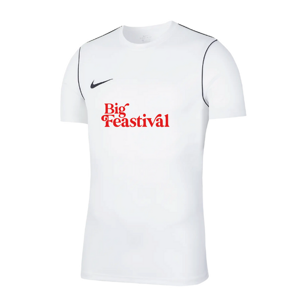 A plain white kids’ football shirt by Big Feastival featuring short sleeves, black piping on the shoulders, and Big Feastival in bold red lettering on the front.