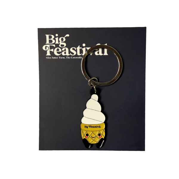The Ice Cream Cone Keyring by 2025 features a soft-serve cone charm with Big Feastival on the cone, displayed on a dark card with Big Feastival text at the top.