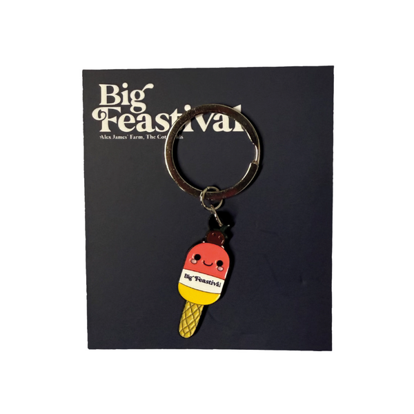 The Ice Lolly Keyring by 2025 features a colorful ice cream with red, white, and yellow layers, a waffle cone, and a smiling face. It comes attached to a dark card that reads Big Feastival.