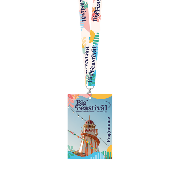 The Big Feastival 2024 Programme Lanyard holds a festival pass featuring a vibrant helter-skelter illustration, playful decorations, and the word Programme.