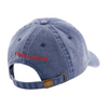 The 2025 Baseball Cap is a blue denim hat viewed from the back, showing an adjustable strap with a brass buckle and Bigcreastival embroidered in red above the opening.