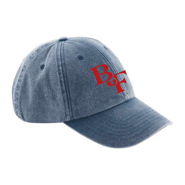 A blue denim Baseball Cap by 2025 with red B&F letters on the front, shown against a plain white background.