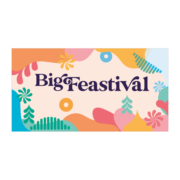 Colorful Bespoke Towel by 2025 featuring Big Feastival in dark purple, surrounded by abstract plant-like patterns in pink, orange, blue, yellow, and green.