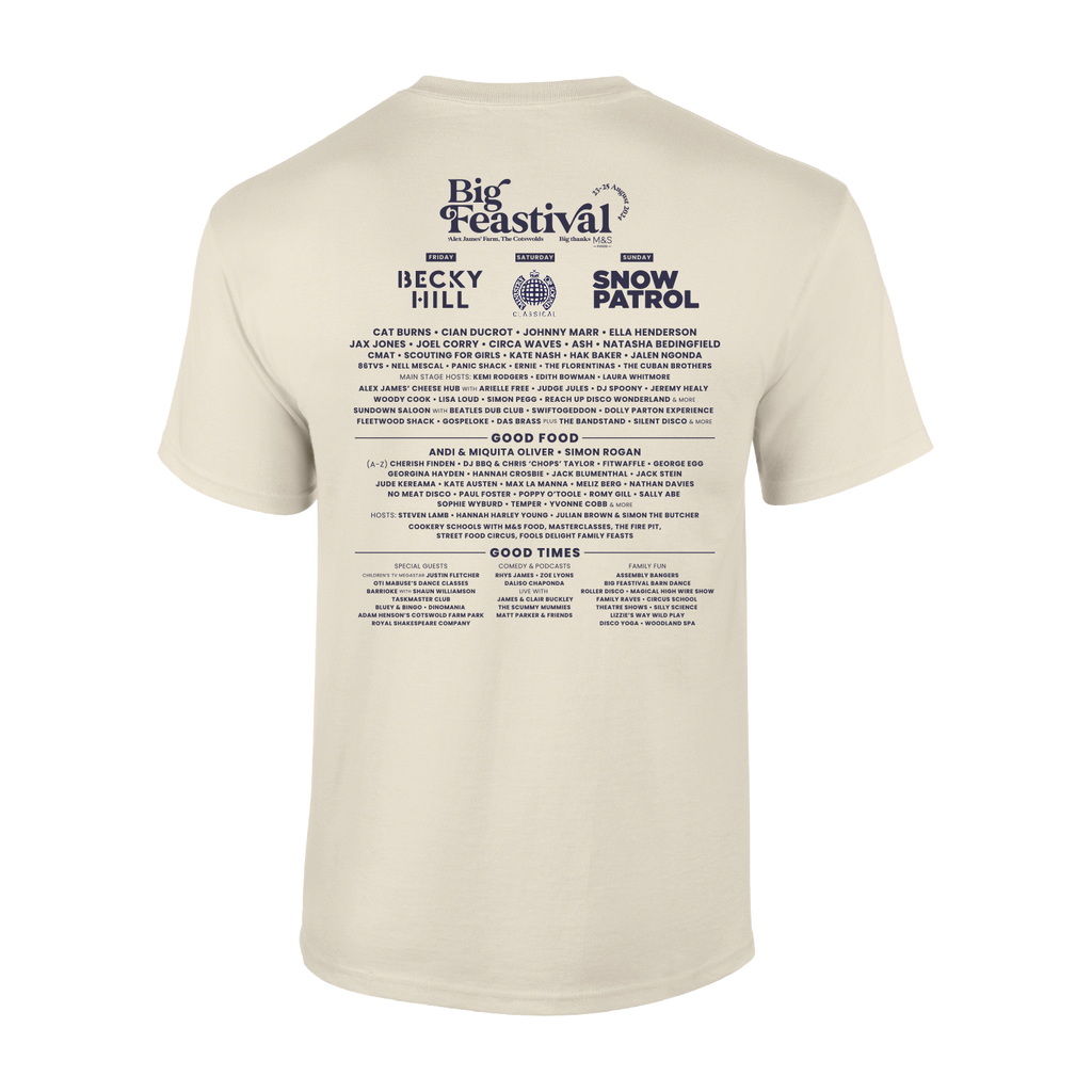 The 2024 Line-Up T-Shirt by Big Feastival is a cream tee featuring Big Feastival and the names of music artists, chefs, and food vendors on the back in blue, styled like a festival lineup poster.