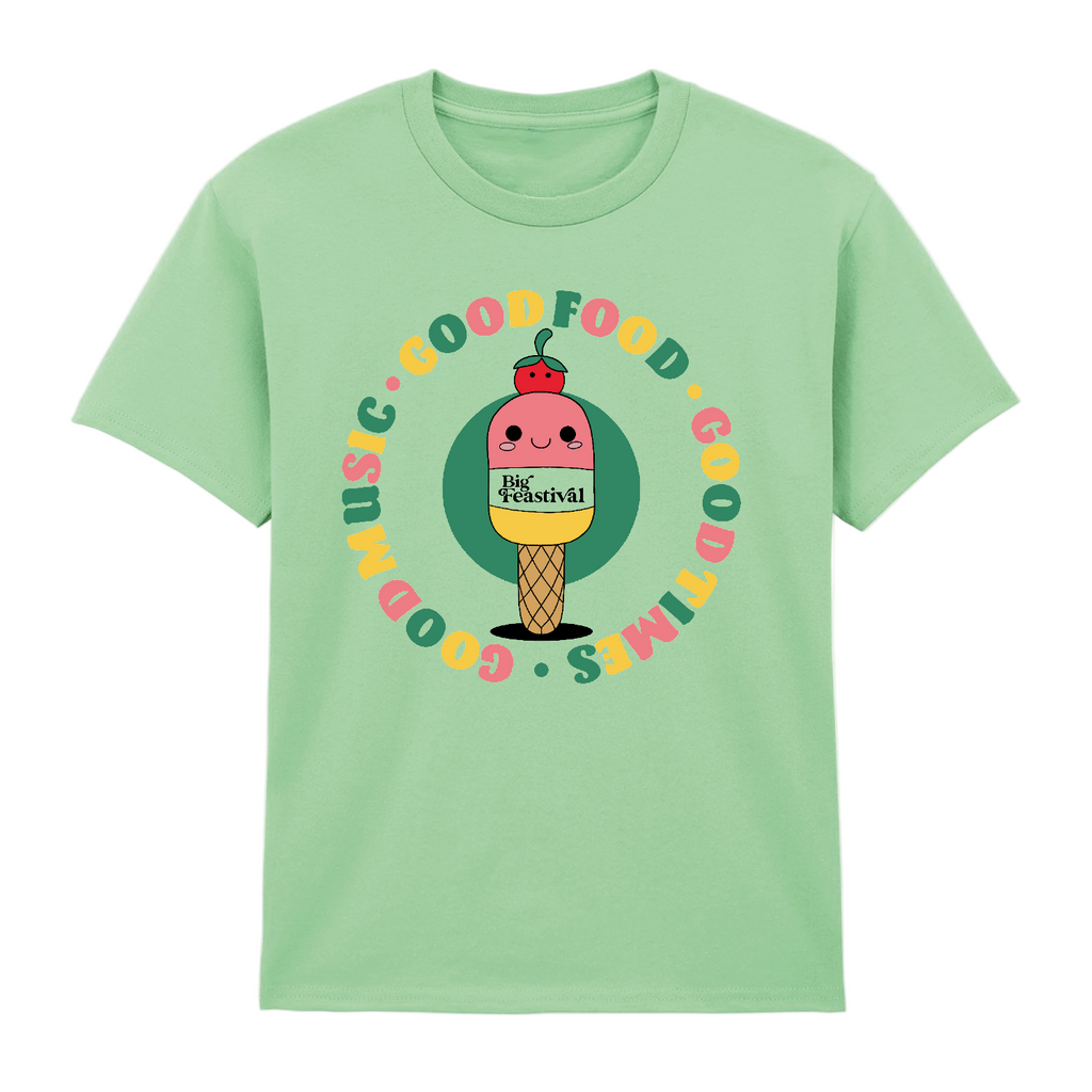 The Big Feastival Kids T-Shirt Mint Ice Lolly by 2025 features a light green tee with a playful pink ice lolly character holding an F&F Festival sign, surrounded by “GOOD FOOD • GOOD TIMES • GOOD MUSIC” in colorful text.