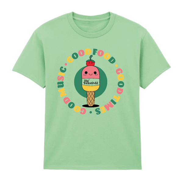 The Big Feastival Kids T-Shirt Mint Ice Lolly by 2025 features a light green tee with a playful pink ice lolly character holding an F&F Festival sign, surrounded by “GOOD FOOD • GOOD TIMES • GOOD MUSIC” in colorful text.