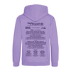 The Big Feastival 2025 Kids Line Up Hoodie Lavender by 2025 features black text on the back listing music artists and event details, styled like a festival lineup poster.