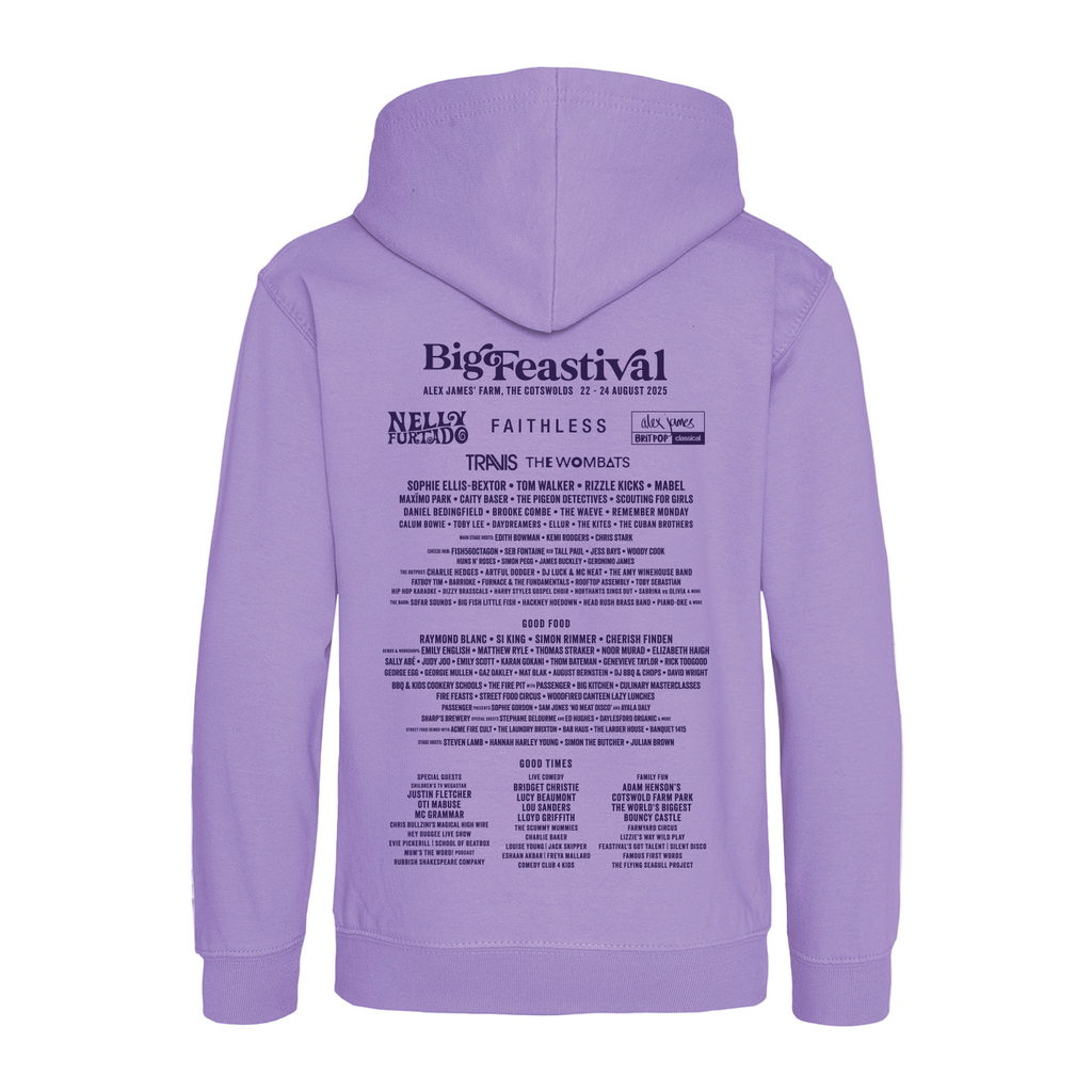 The Big Feastival 2025 Kids Line Up Hoodie Lavender by 2025 features black text on the back listing music artists and event details, styled like a festival lineup poster.
