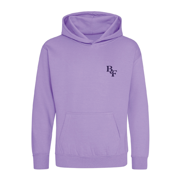 The Big Feastival 2025 Kids Line Up Hoodie in lavender features a front pocket and BTF printed in black on the left chest. Displayed against a plain white background, this 2025 brand hoodie offers style and comfort for kids.