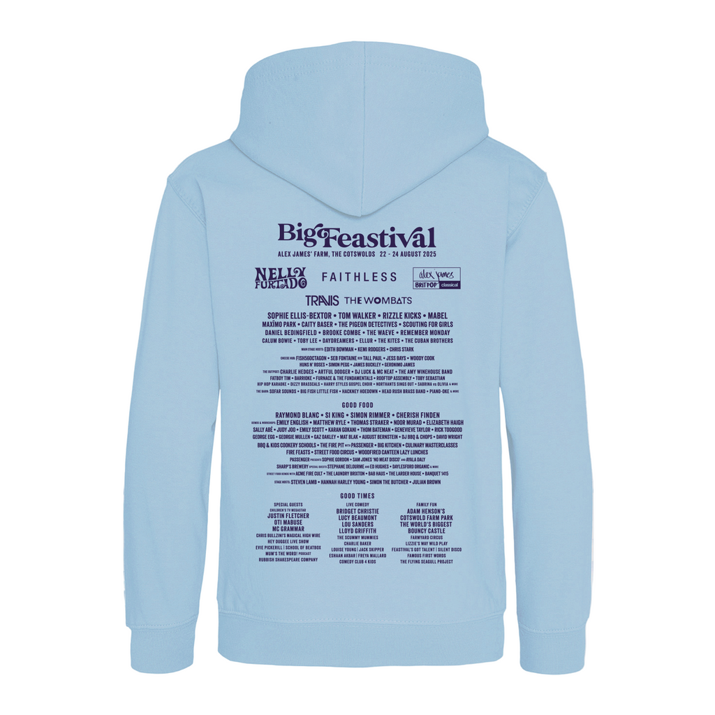 The Big Feastival Kids 2025 Line Up Hoodie in sky blue features a large 2025 festival lineup with artists, event info, and sponsors printed on the back in dark blue.