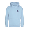 The Big Feastival Kids 2025 Line Up Hoodie in sky blue by 2025 features a hood, front pocket, and dark blue B&F logo on the left chest.