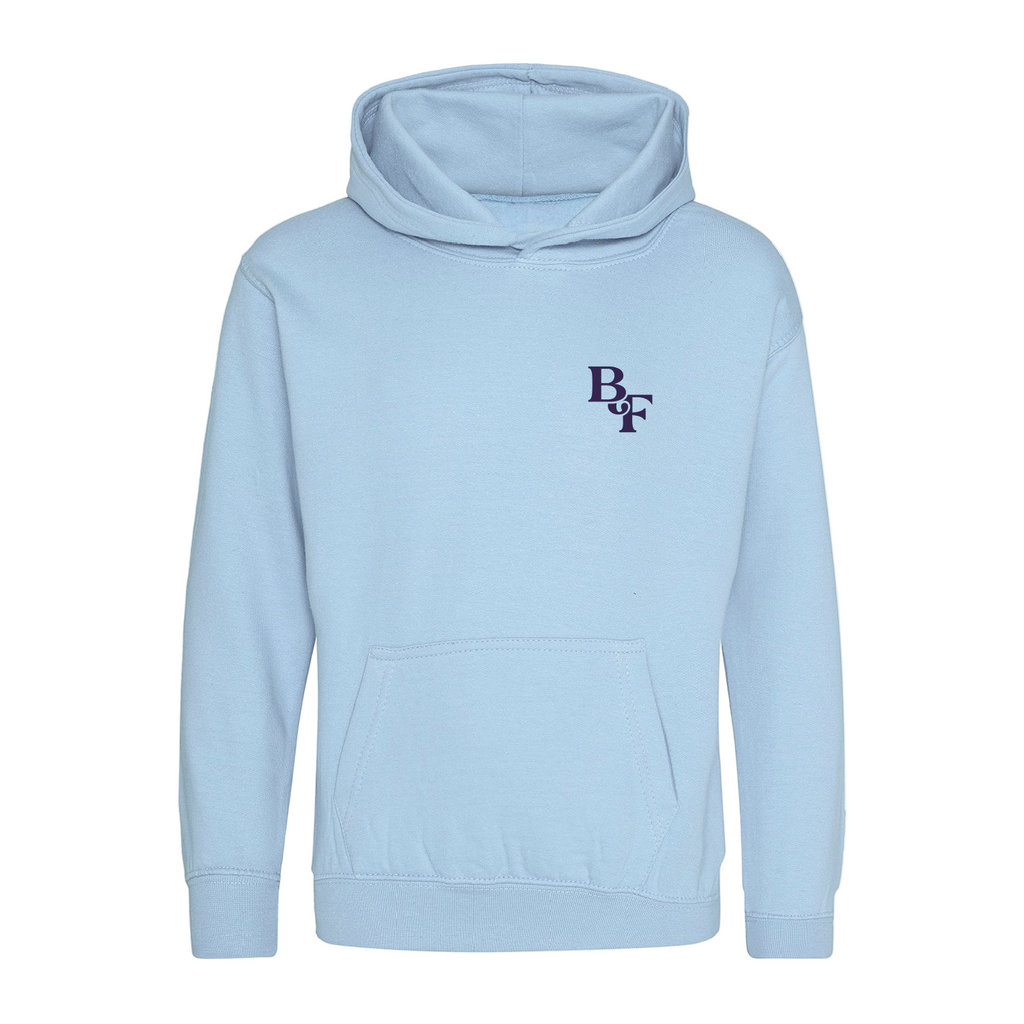 The Big Feastival Kids 2025 Line Up Hoodie in sky blue by 2025 features a hood, front pocket, and dark blue B&F logo on the left chest.