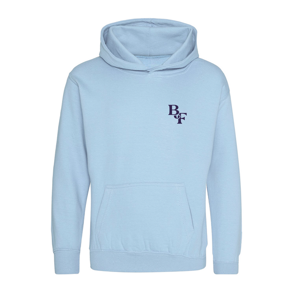 The Big Feastival Kids 2025 Line Up Hoodie in sky blue by 2025 features a hood, front pocket, and dark blue B&F logo on the left chest.
