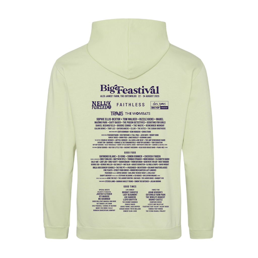 Big Feastival 2025 Line Up Hoodie Pistachio by 2025, featuring event details on the back and artists like Nelly Furtado, Faithless, The Wombats, plus more performers, food, and activities.