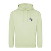 The Big Feastival 2025 Line Up Hoodie in pistachio by 2025 features a light green color, front pouch pocket, drawstrings, and dark blue BDF initials stacked vertically on the left chest. The product is shown against a plain white background.