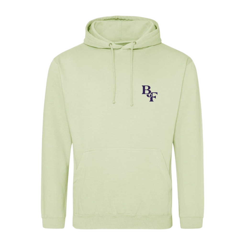 The Big Feastival 2025 Line Up Hoodie in pistachio by 2025 features a light green color, front pouch pocket, drawstrings, and dark blue BDF initials stacked vertically on the left chest. The product is shown against a plain white background.