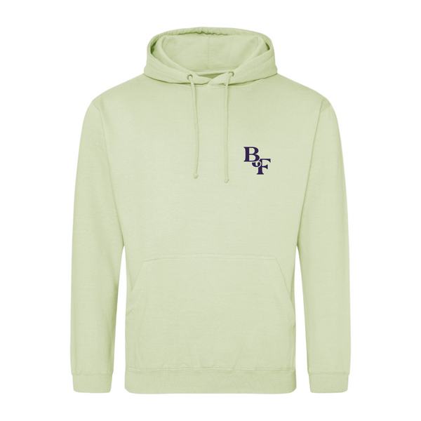 The Big Feastival 2025 Line Up Hoodie in pistachio by 2025 features a light green color, front pouch pocket, drawstrings, and dark blue BDF initials stacked vertically on the left chest. The product is shown against a plain white background.