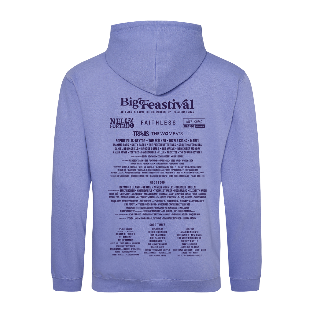 The Big Feastival 2025 Line Up Hoodie Violet by 2025 features black text on the back with festival music acts including Nile Rodgers & Chic, Faithless (DJ Set), Tom Walker, and more performers.
