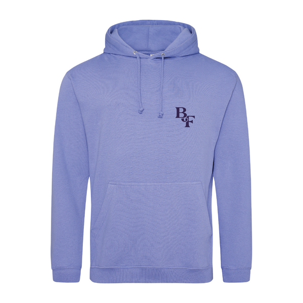 The Big Feastival 2025 Line Up Hoodie Violet by 2025 features a light purple color, front pocket, drawstring hood, and a small black BDF logo on the left chest. Background is plain white.