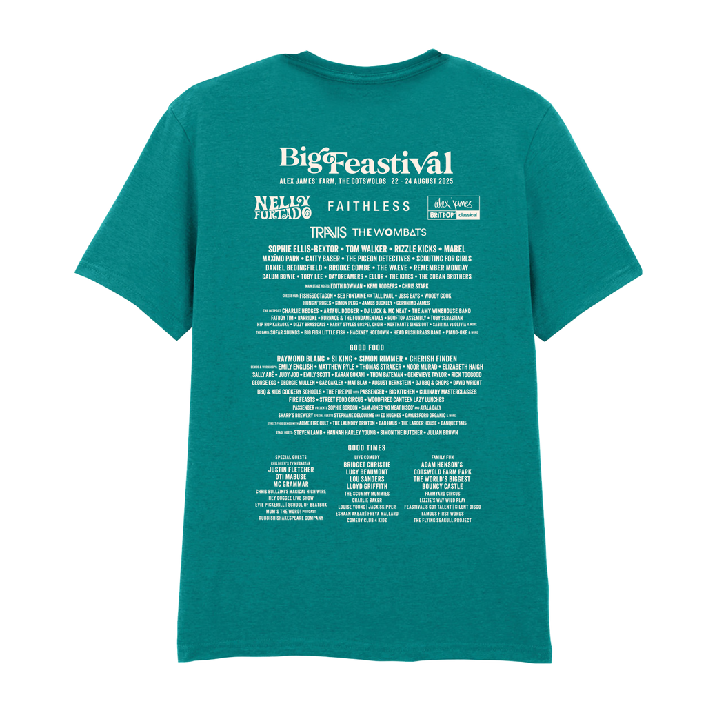 The Big Feastival 2025 Line Up T-Shirt Jade by 2025 features the event’s musical acts, food vendors, and highlights printed in white on the back.