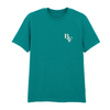The Big Feastival 2025 Line Up T-Shirt Jade by 2025 is a plain teal short-sleeve tee featuring a small white BDF logo on the left chest, shown against a white background.