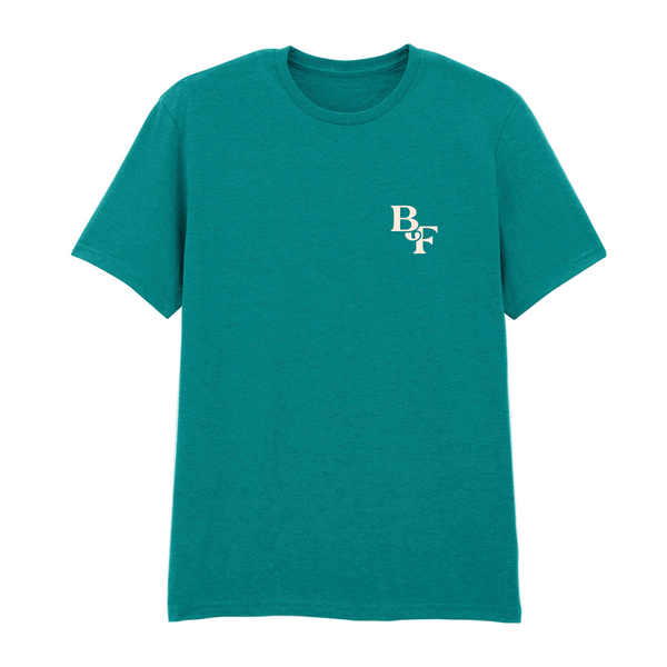 The Big Feastival 2025 Line Up T-Shirt Jade by 2025 is a plain teal short-sleeve tee featuring a small white BDF logo on the left chest, shown against a white background.