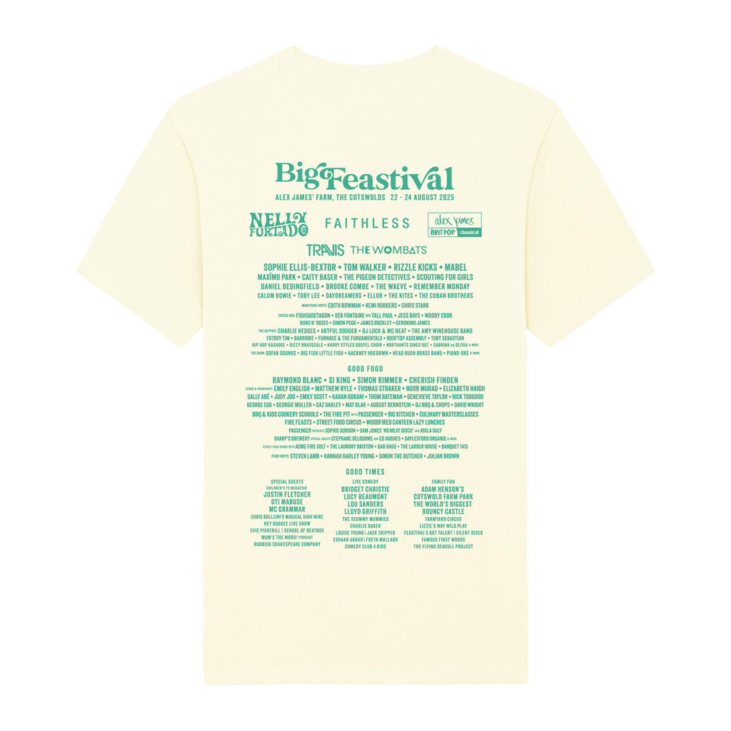 The Big Feastival 2025 Line Up T-Shirt Off White by 2025 features green text on the back listing artists, food vendors, and event details, including headliners for The Big Feastival 2025.