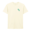 The Big Feastival 2025 Line Up T-Shirt Off White by 2025 features small green overlapping BDF letters on the left chest, shown on a white background.