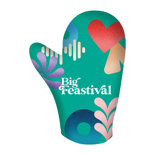 The 2025 Oven Gloves feature a teal design with colorful abstract shapes—red heart, blue circles, pink and purple leaves—and Big Feastival printed in white.