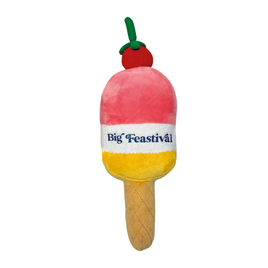 The 2025 Ice Lolly Plush is a soft toy shaped like an ice cream popsicle, featuring pink, white, and yellow layers, a red cherry with a green stem on top, and Big Feastival across the white section.