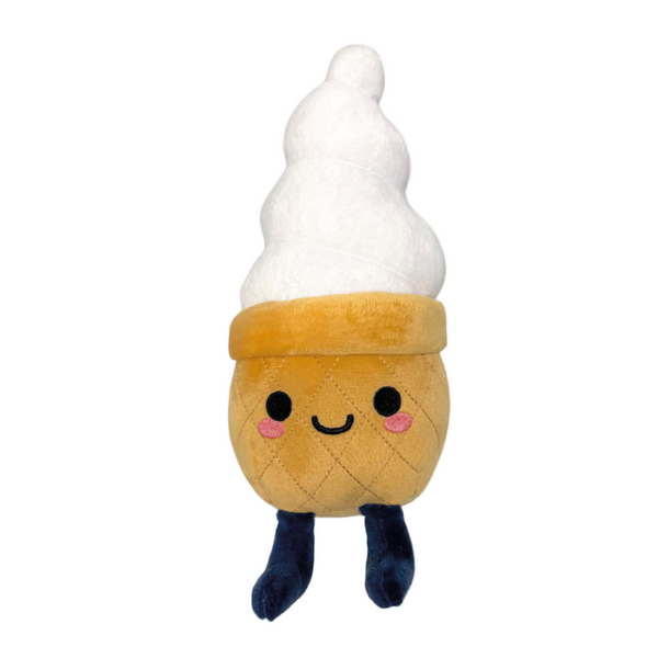 The 2025 Ice Cream Plush is a plush toy shaped like an ice cream cone with a smiling face, white swirled top, yellow cone, and two dark blue legs.