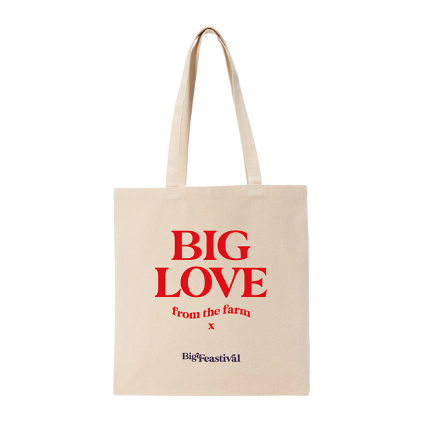 A beige Tote Bag by 2025 features bold red BIG LOVE from the farm x text and smaller black Big Feastival at the bottom.