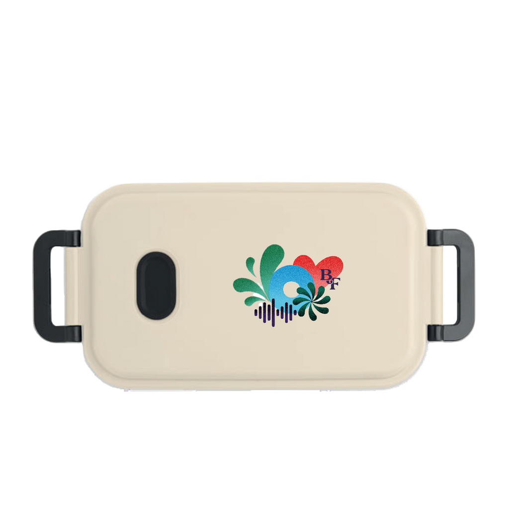 The 2025 Tupperware Lunch Box is a beige rectangular container with black handles. Its lid features an abstract design with green, blue, and red shapes, a heart with BF inside, and a sound wave motif.