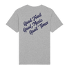 The Big Feastival Quote T-Shirt Grey features “Good Food Good Music Good Times” in bold navy script on the back.