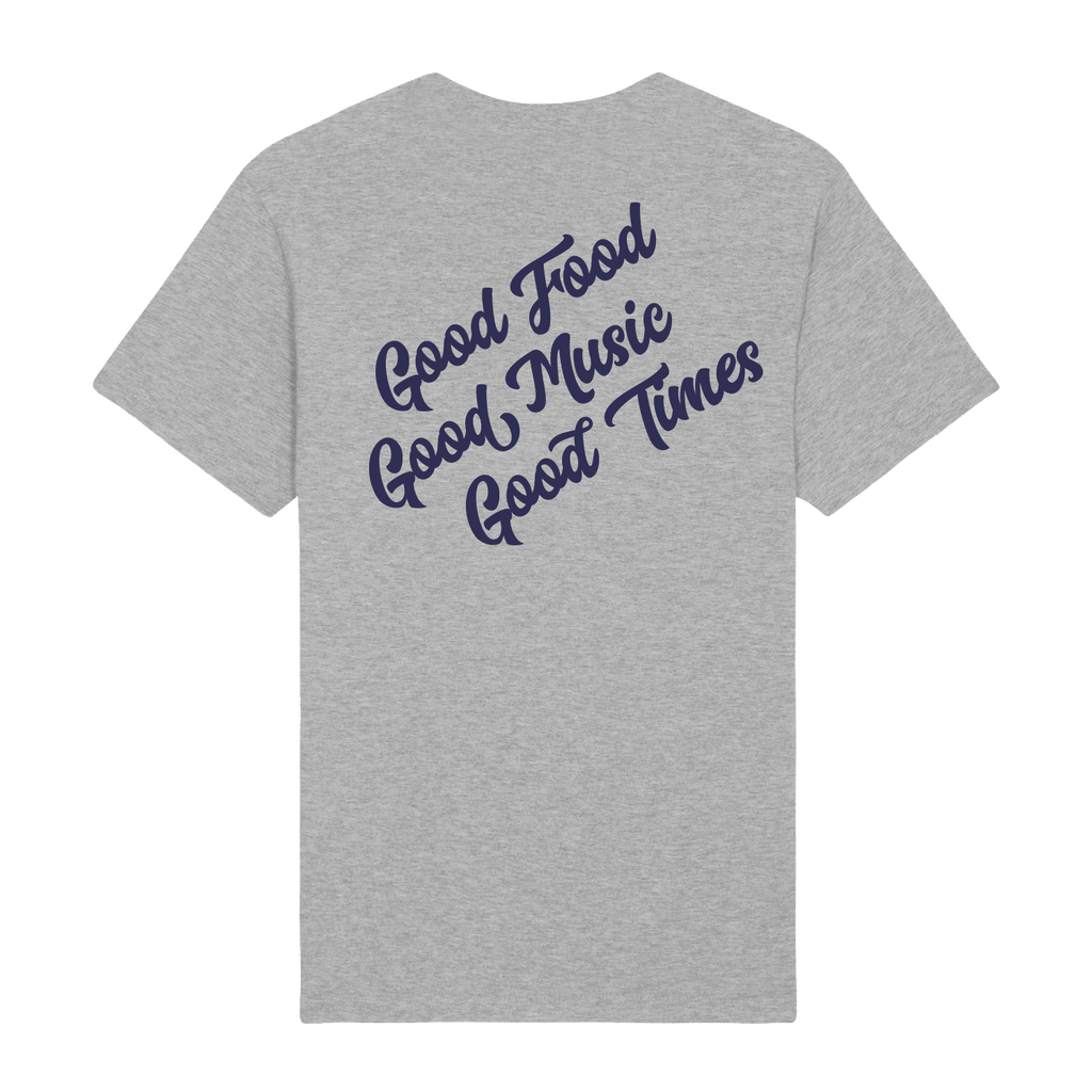 The Big Feastival Quote T-Shirt Grey features “Good Food Good Music Good Times” in bold navy script on the back.