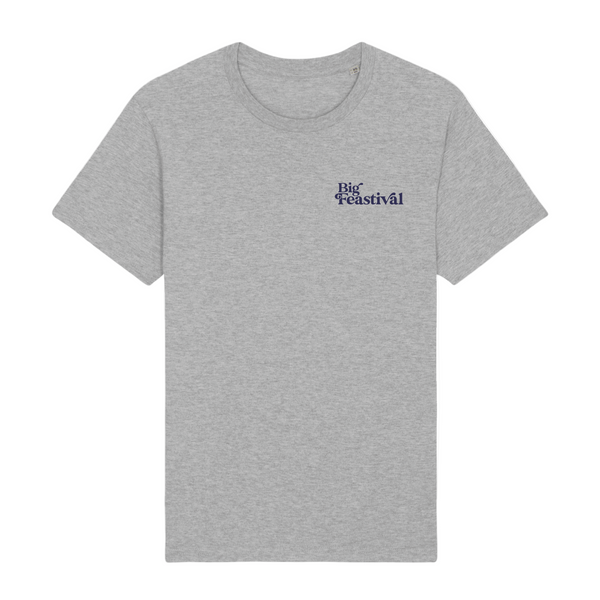 The Quote T-Shirt Grey by Big Feastival is a plain light gray tee featuring Big Feastival in small, dark blue text on the upper left chest.