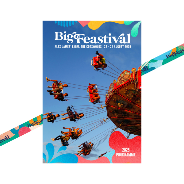 The 2025 Programme Lanyard by 2025 features a cover with people on a colorful swing carousel beneath a blue sky, event dates and Alex James’ Farm, The Cotswolds location, plus 2025 Programme at the bottom.